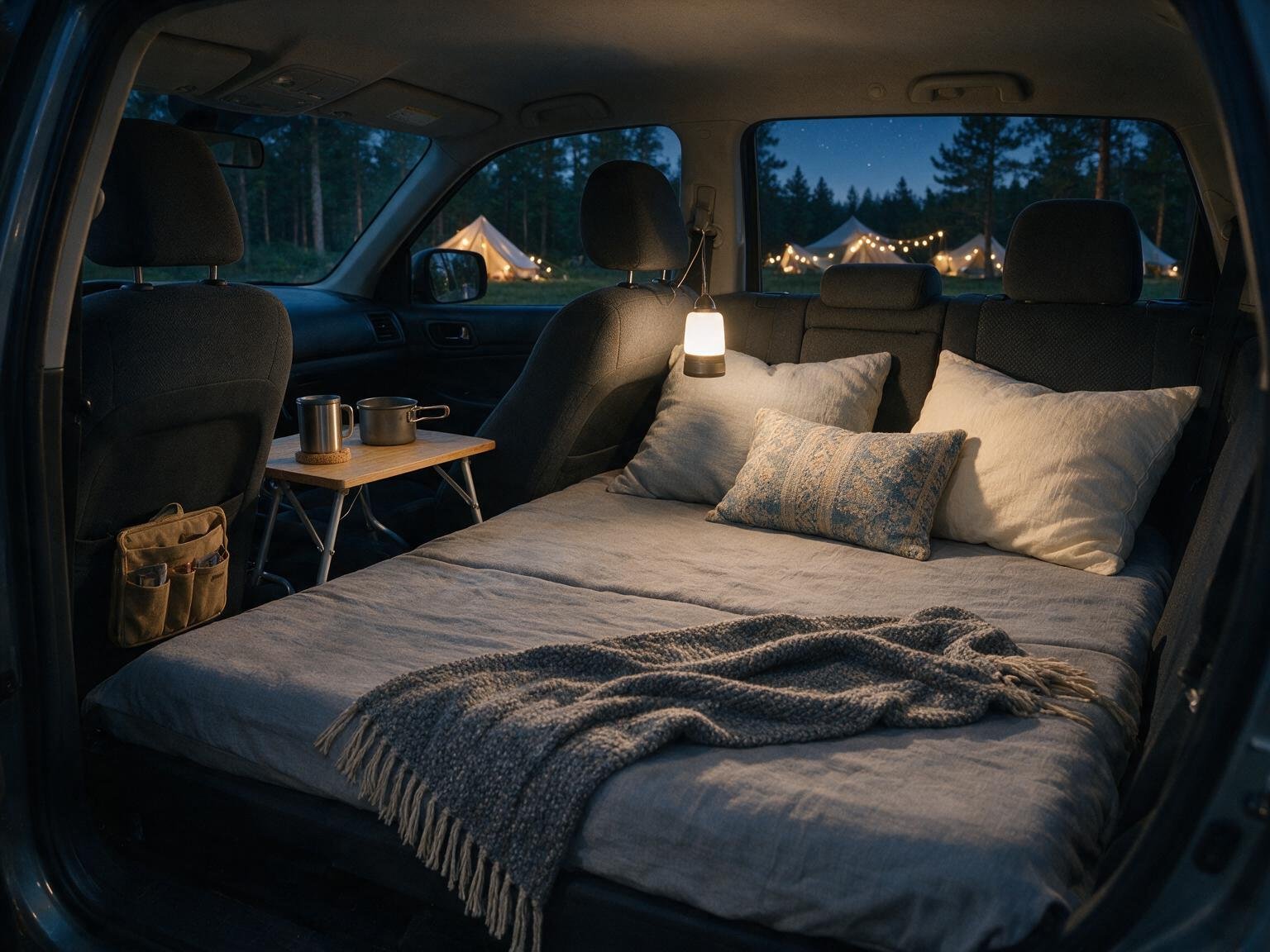 Car interior with seat cushions and cozy sleeping setup for overnight car camping comfort