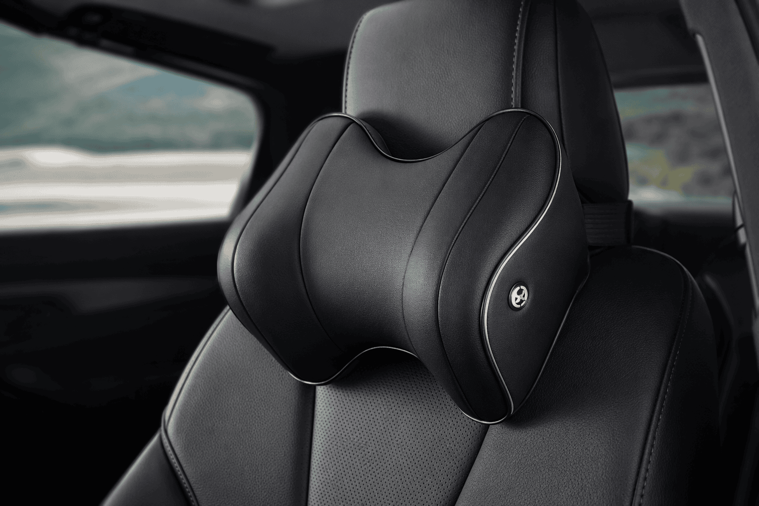 Car neck support pillow installed on a car seat providing proper head and neck alignment
