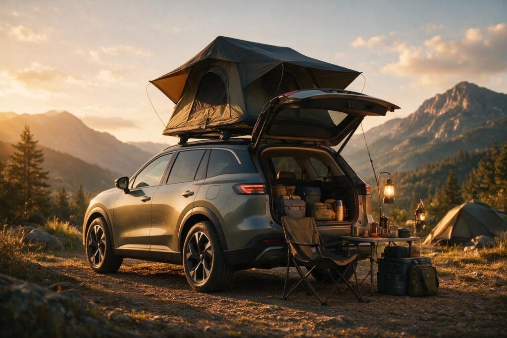 SUV with rooftop tent parked at a mountain campsite at golden hour, ready for weekend car camping