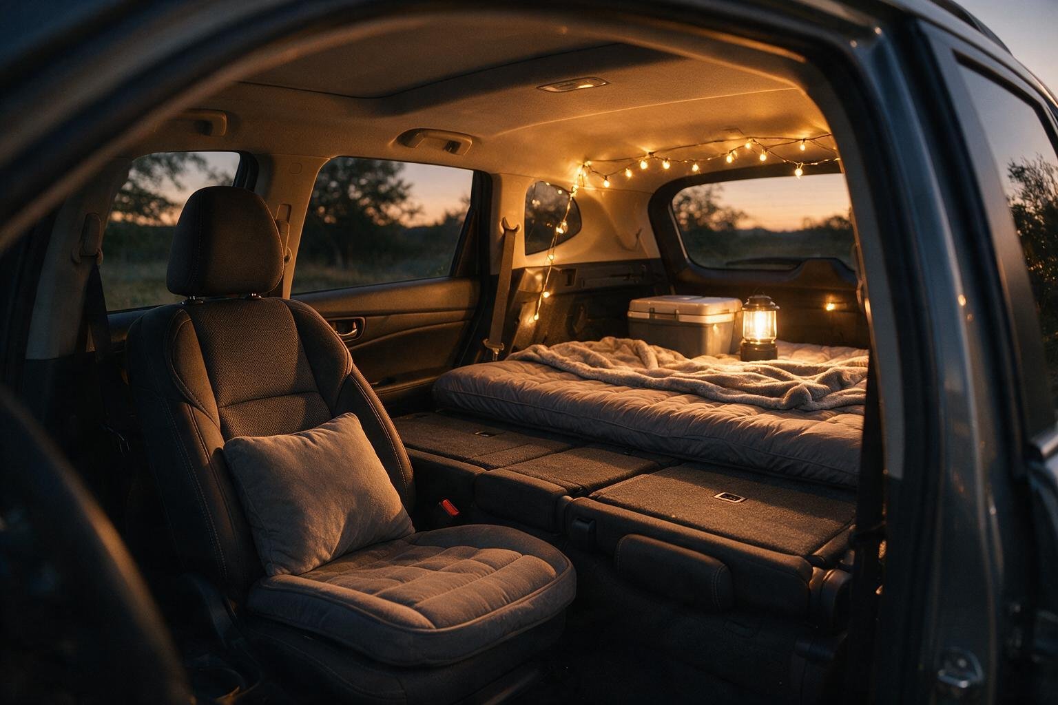 Cozy SUV interior camping setup with folded-flat sleeping area, seat cushion and lumbar pillow on the front seat