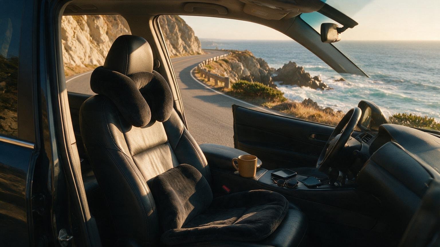 Driver relaxing on a scenic coastal highway with seat cushion and neck support pillow in the car