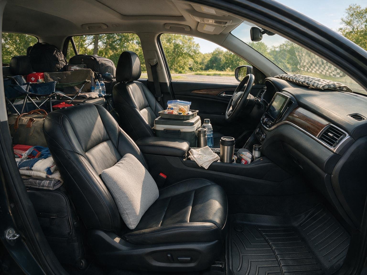 Packed car interior ready for a long road trip with lumbar support pillow and clean all-weather floor mats