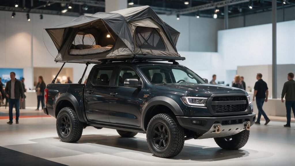 IDEEAUTO rooftop tent on a 4x4 pickup truck displayed at a trade show exhibition hall
