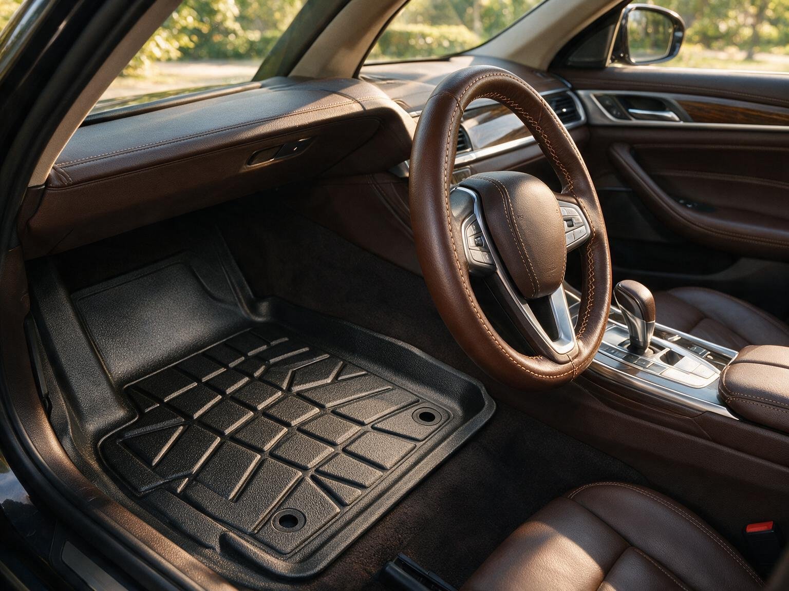 Custom-fit all-weather floor mat and leather steering wheel cover in a car interior