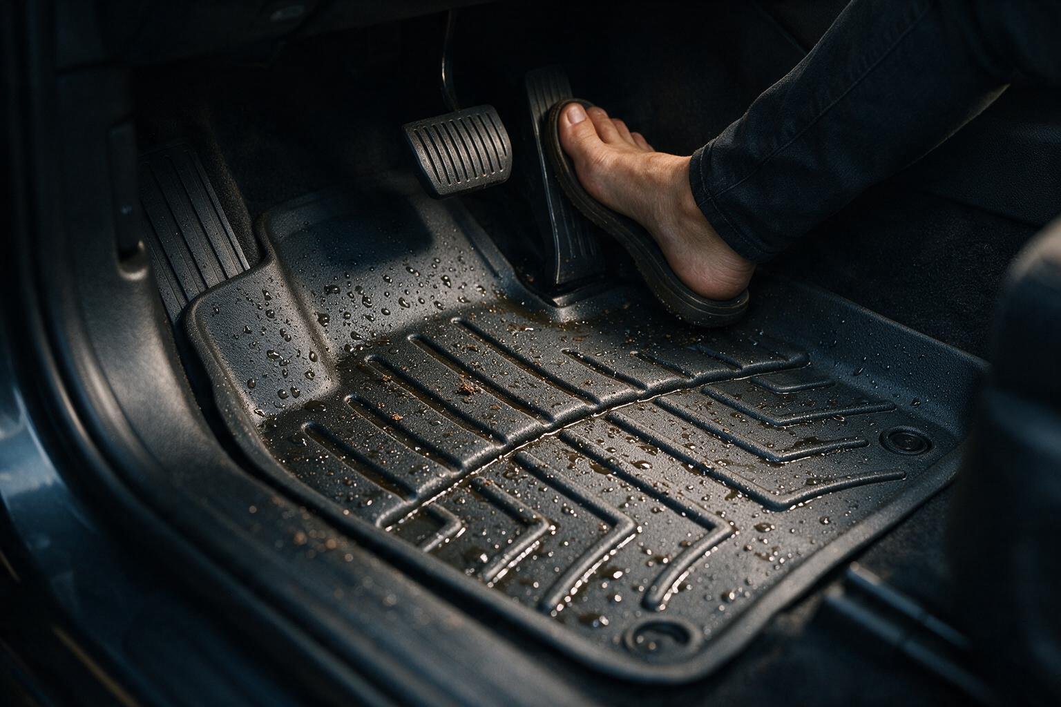 All-weather rubber car floor mat in a car footwell catching rainwater droplets and mud during monsoon season