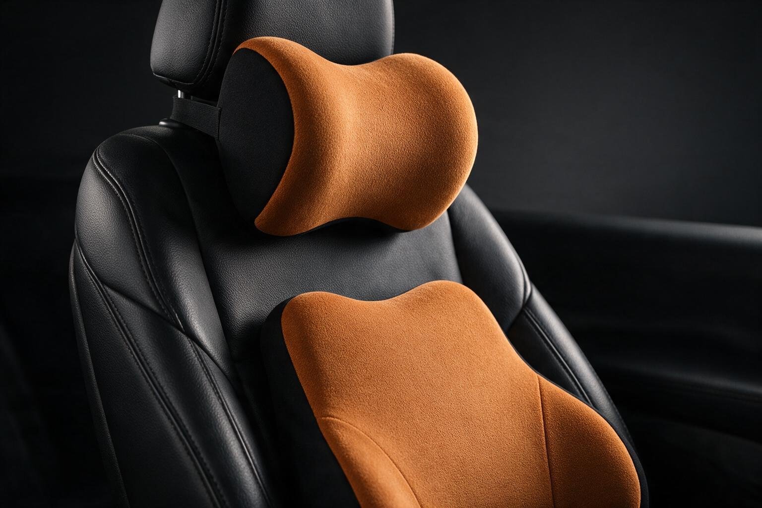 Ergonomic caramel memory-foam neck pillow and lumbar support cushion on a black leather car seat